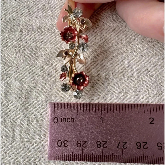 Soft Salmon Pink Floral Romantic Gold Hair Pin w/ Crystal Rhinestones & Enamel - Picture 5 of 5